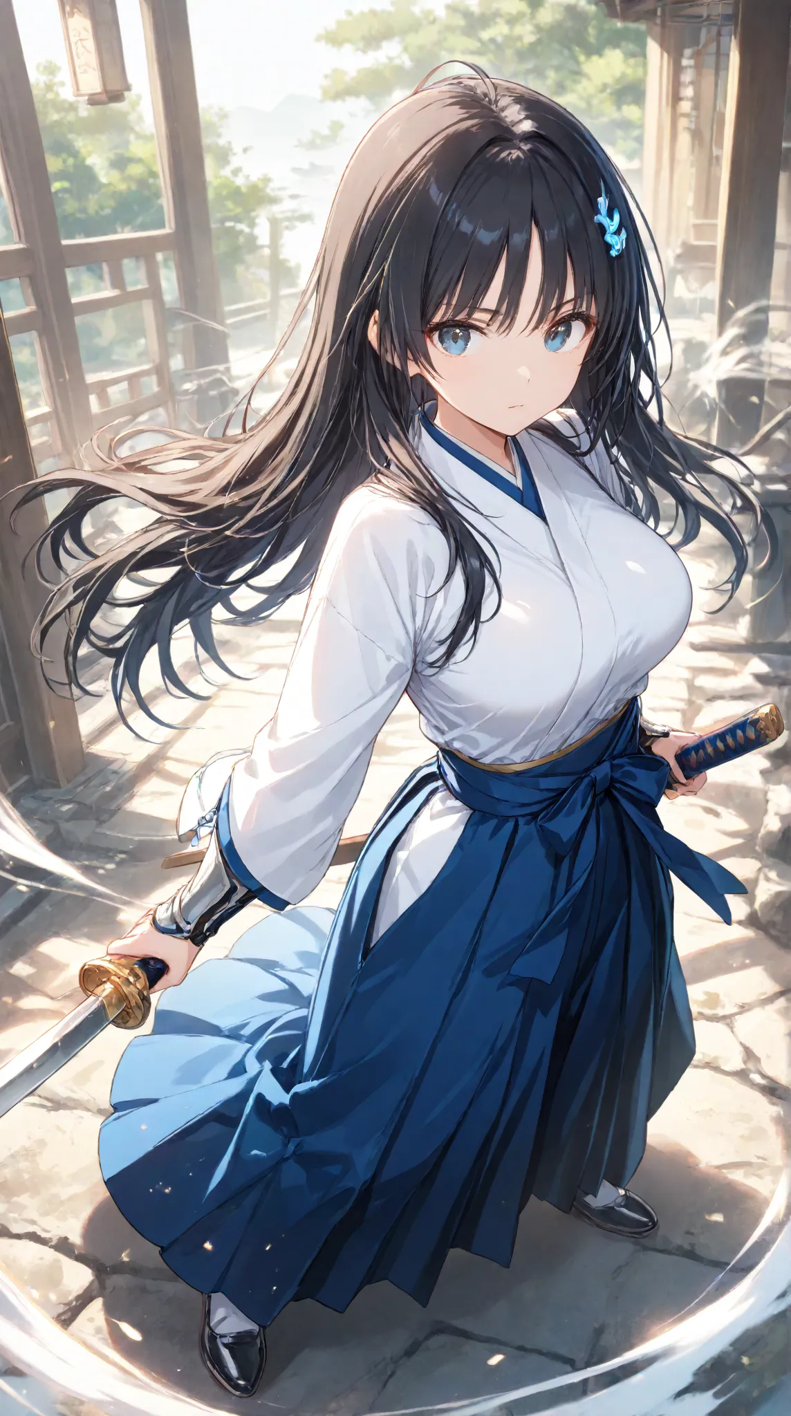 masterpiece,large breasts, long hair, (black hair1.5) , bangs, （1girl1.5）, Blue hairs ornament, 18 years old、breast focus、looking at viewer，full body，　dual-wield stance with blades crossed、saber、hakama