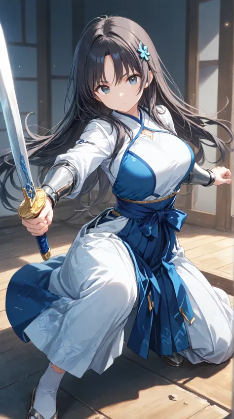 masterpiece,large breasts, long hair, (black hair1.5) , bangs, （1girl1.5）, Blue hairs ornament, 18 years old、breast focus、looking at viewer，full body，　dual-wield stance with blades crossed、saber、hakama