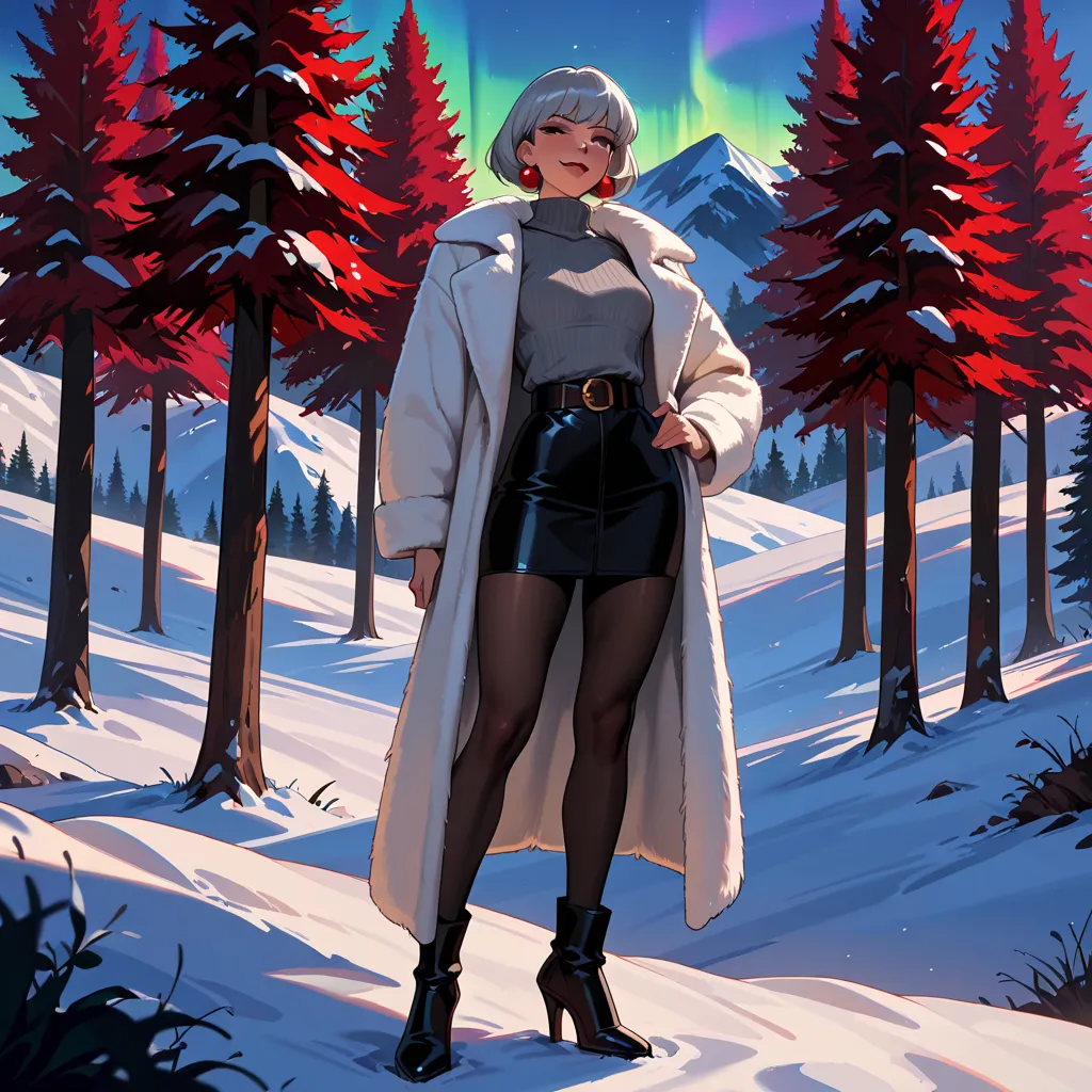    ((warm clothes, overcoat, fur coat, gray sweater, leather skirt, tights, pantyhose, high heel boots, mountainous environment, snow, sunny day, forest, tundra forest, xuer white fur coat, red lining, smug, belt, red lipstick)), ((viewpoint, aurora boreal...