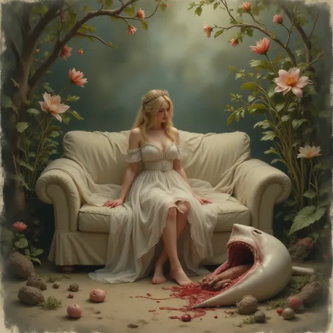 (the best lighting, HIGH CONTRAST, dark, dramatic),(Blonde woman next to a viscera phallus glans white shark giant robot flower, veins, tardigradum, Crown, fetus, autopsy, human bones, Blood on the Beach, sofa). Light Caravaggio.