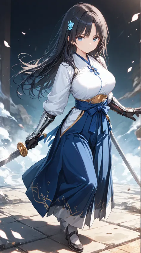 masterpiece,large breasts, long hair, (black hair1.5) , bangs, （1girl1.5）, Blue hairs ornament, 18 years old、breast focus、looking at viewer，full body，　dual-wield stance with blades crossed、saber、hakama