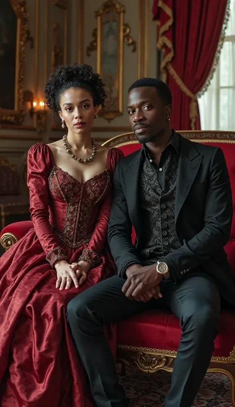 a couple of people sitting on a red chair in a room, history drama, both wearing victorian clothes, historically accurate, ebony rococo, still image from tv series, promotional still, in historic clothing, promotional image, edited, netflix, aristocratic c...