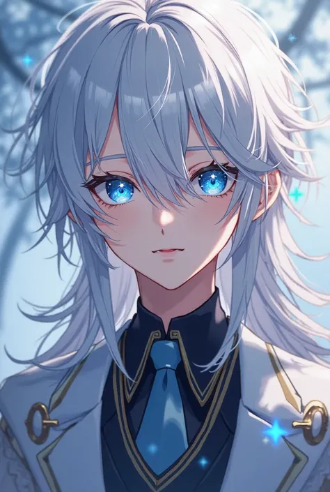 Anime boy character, white hair, long hair,  straight hair, with bangs, beautiful, Starry blue eyes,  White Eyelashes , design,  Japanese anime .