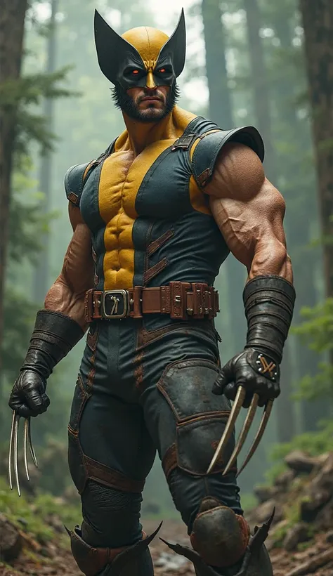 wolverine smiling in his uniform with mask, in the background a forest