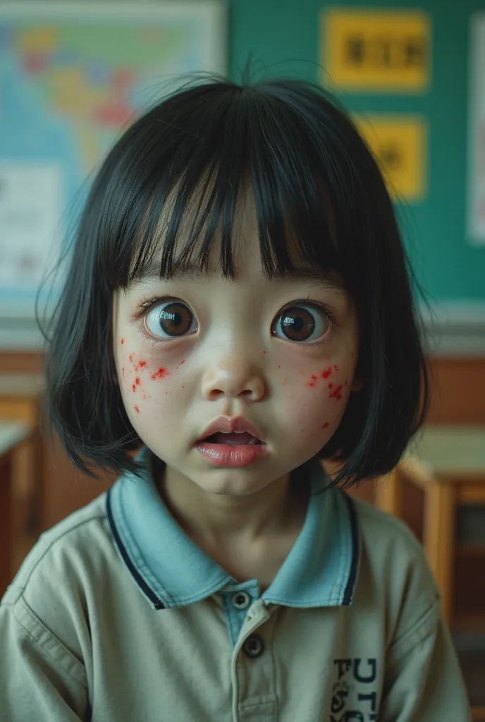 A close-up, vertical 9:16 portrait of a Chinese elementary school student with an extremely bizarre face, unnaturally large eyes, unsettling expression, distorted proportions. The background appears like a video camera recording, with a grainy texture, tim...