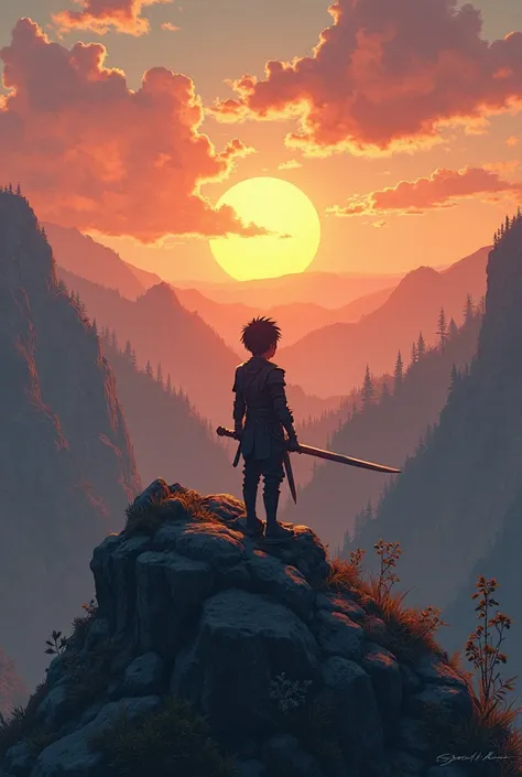 Silhouette of a boy standing on a mountain wearing apprentice armor looking into the distance at a sunset and a beautiful landscape