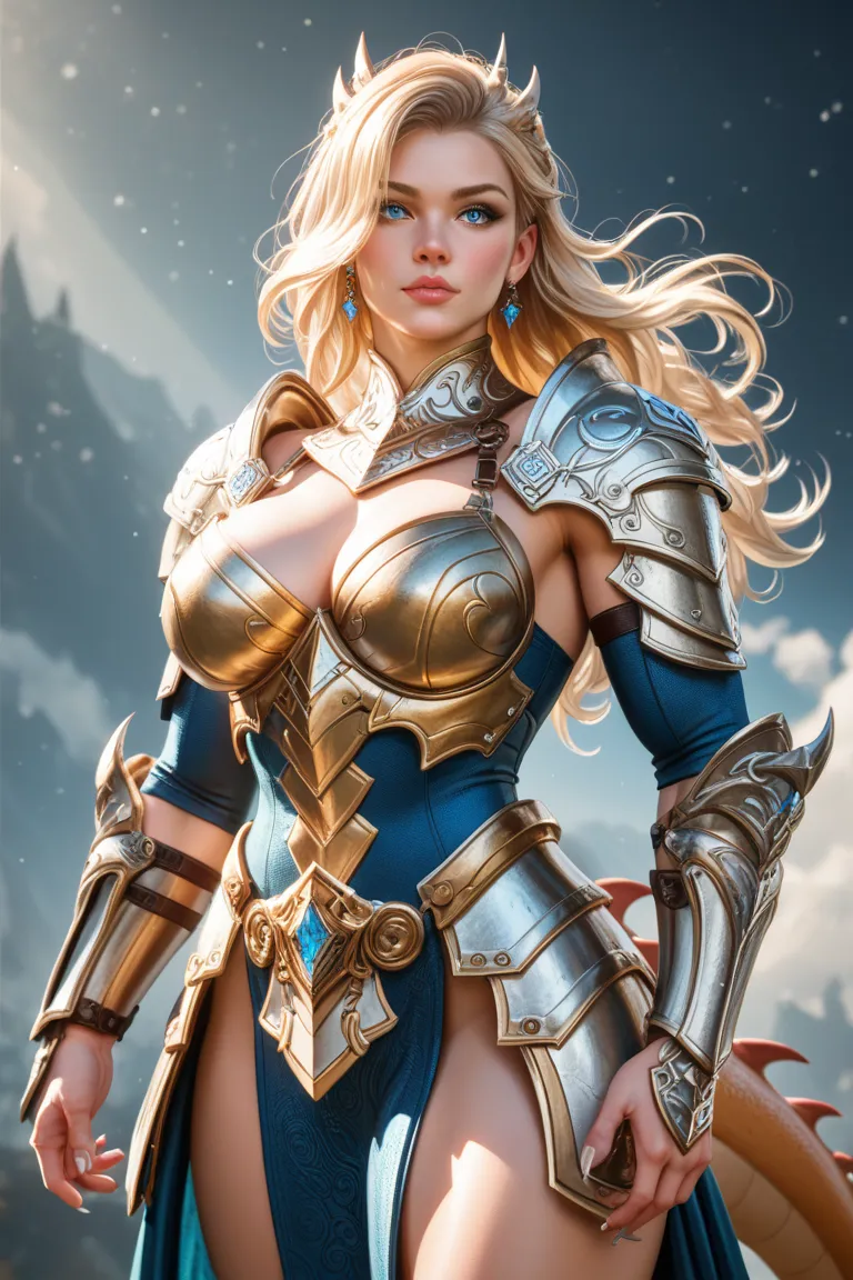 Paladin Woman, Dragongirl, human face,  (Huge breasts: 2.5), (Gigantic Muscles: 2.7), massive Biceps, Long blonde hair, blue scales, claws, light blue eyes, tail, silver platemail armor