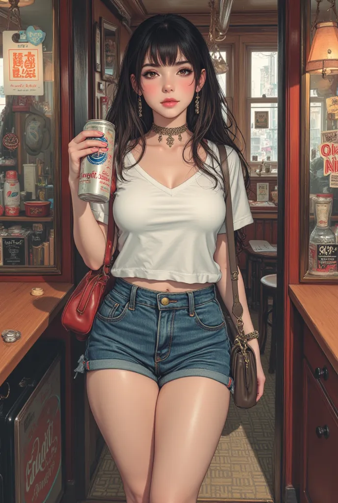 lively girl with a coffee can and a handbag, she wears a white v-neck t-shirt and mini jeans shorts, mysterious girl, frontline girls, fine details. frontline girls, big breasts, large breasts, fit body, hourglass figure, wide hips, beautiful female, thick...