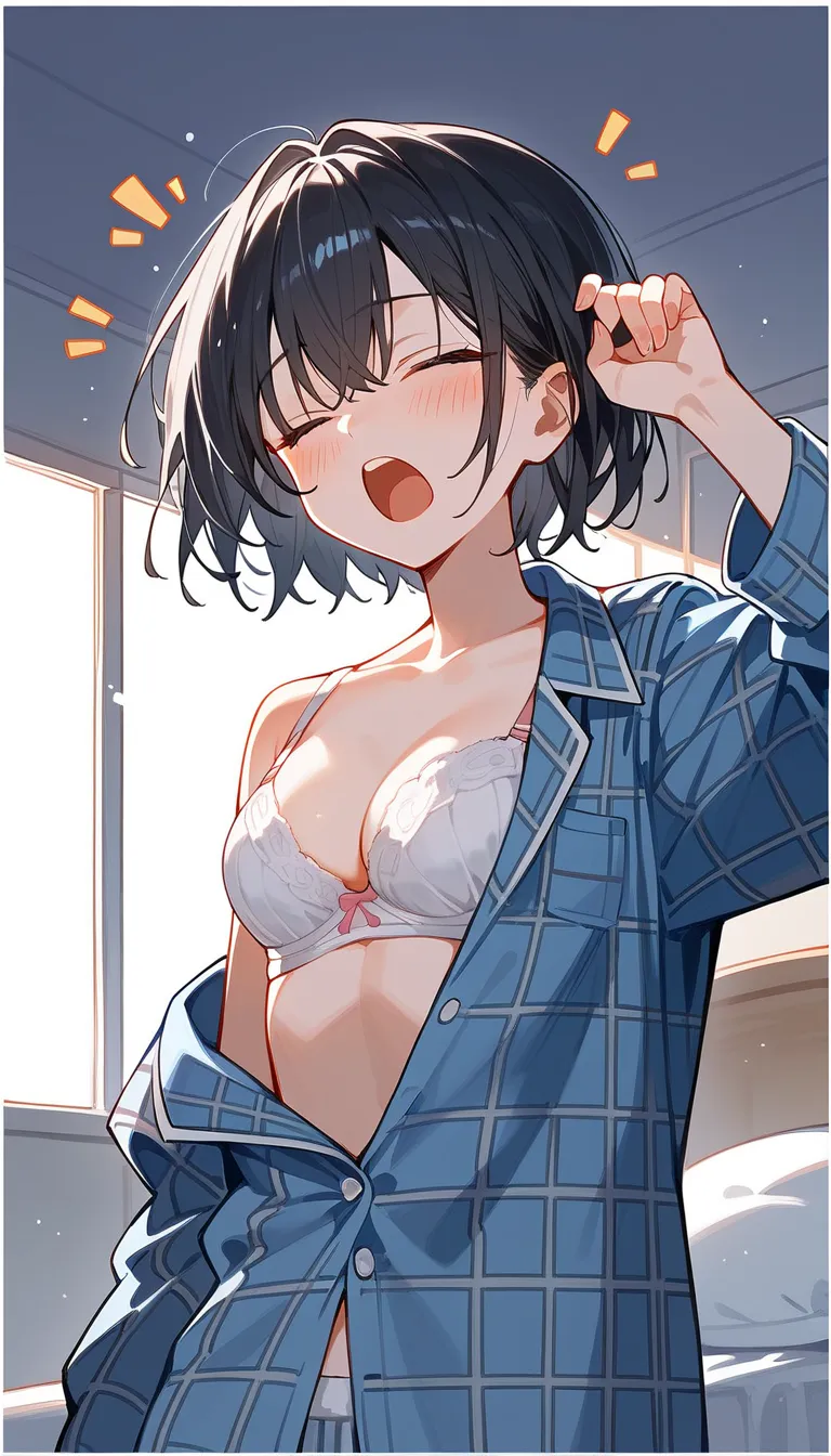 (beautiful girl : 1.3),1 girl,( Plaid Pajamas,bra, pure white underwear), black hair,Bedhead,Yawning, is embarrassing,blush,Waking up,bedroom,Asahi,room, moving,Dynamic Angle,masterpiece,Highest quality,super high definition,Rich Contrast,high image qualit...