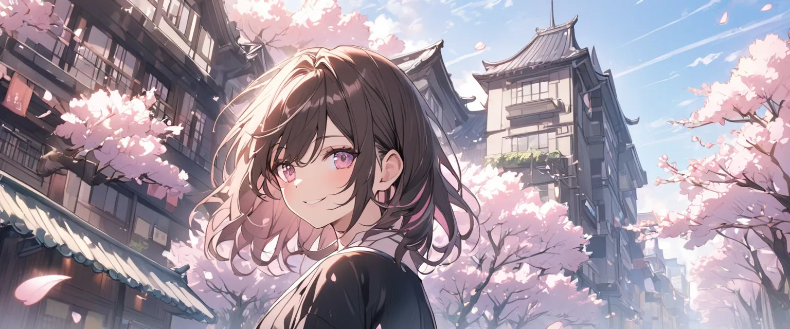 alone，medium hair ，dark brown hair， with pink highlights on the tip，woman， light pink eyes，smile， handsome，morning，cherry blossoms，black dress，building，blue sky