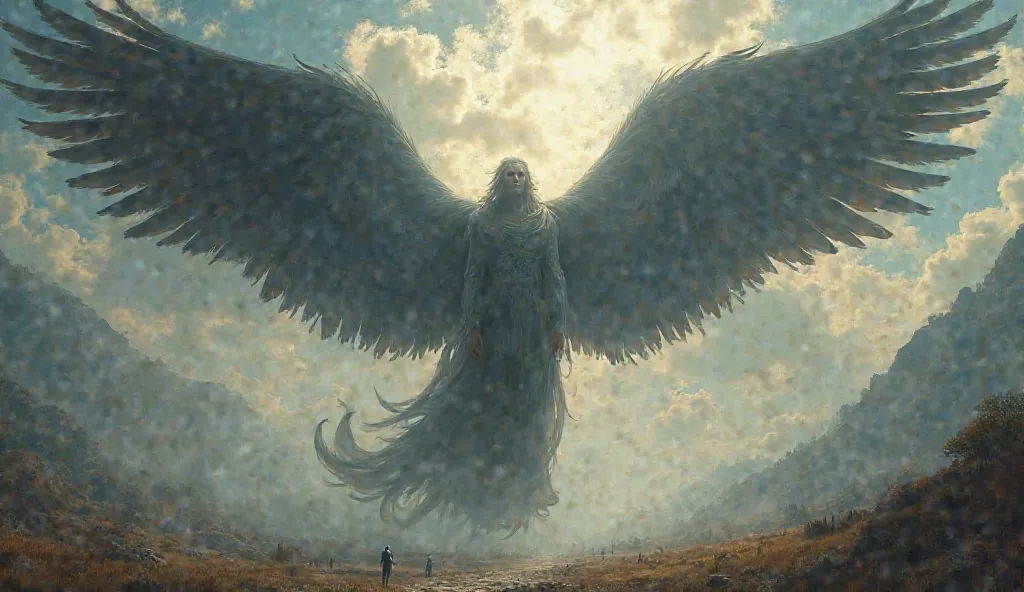 Giant angels with black wings descending from the sky and landing on Earth