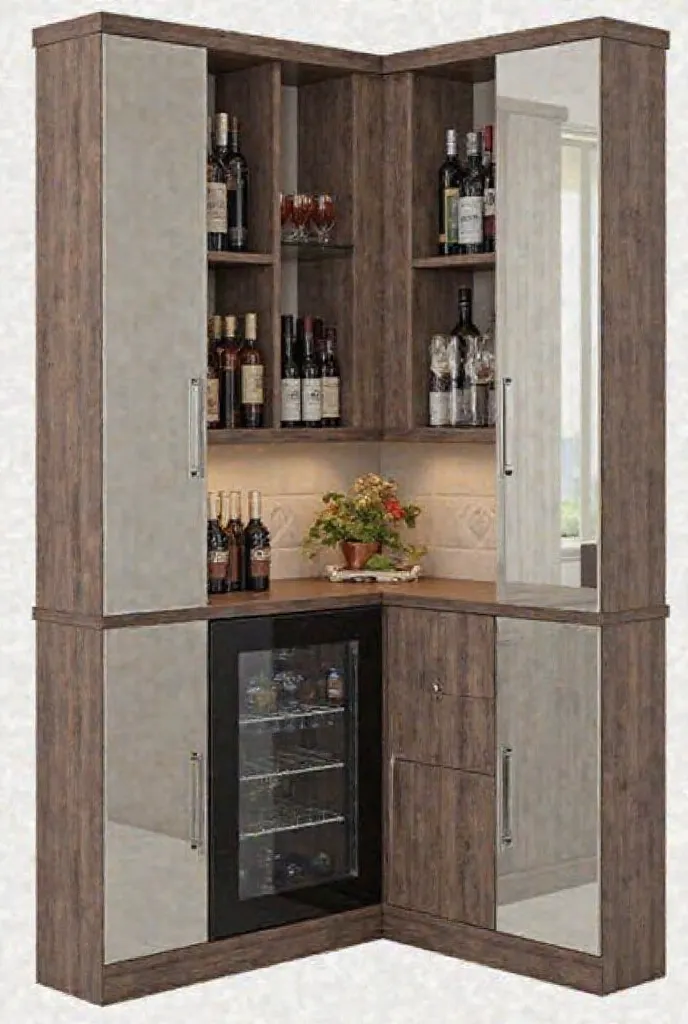 MDF low corner cabinet with doors and mirrors with black minibar 