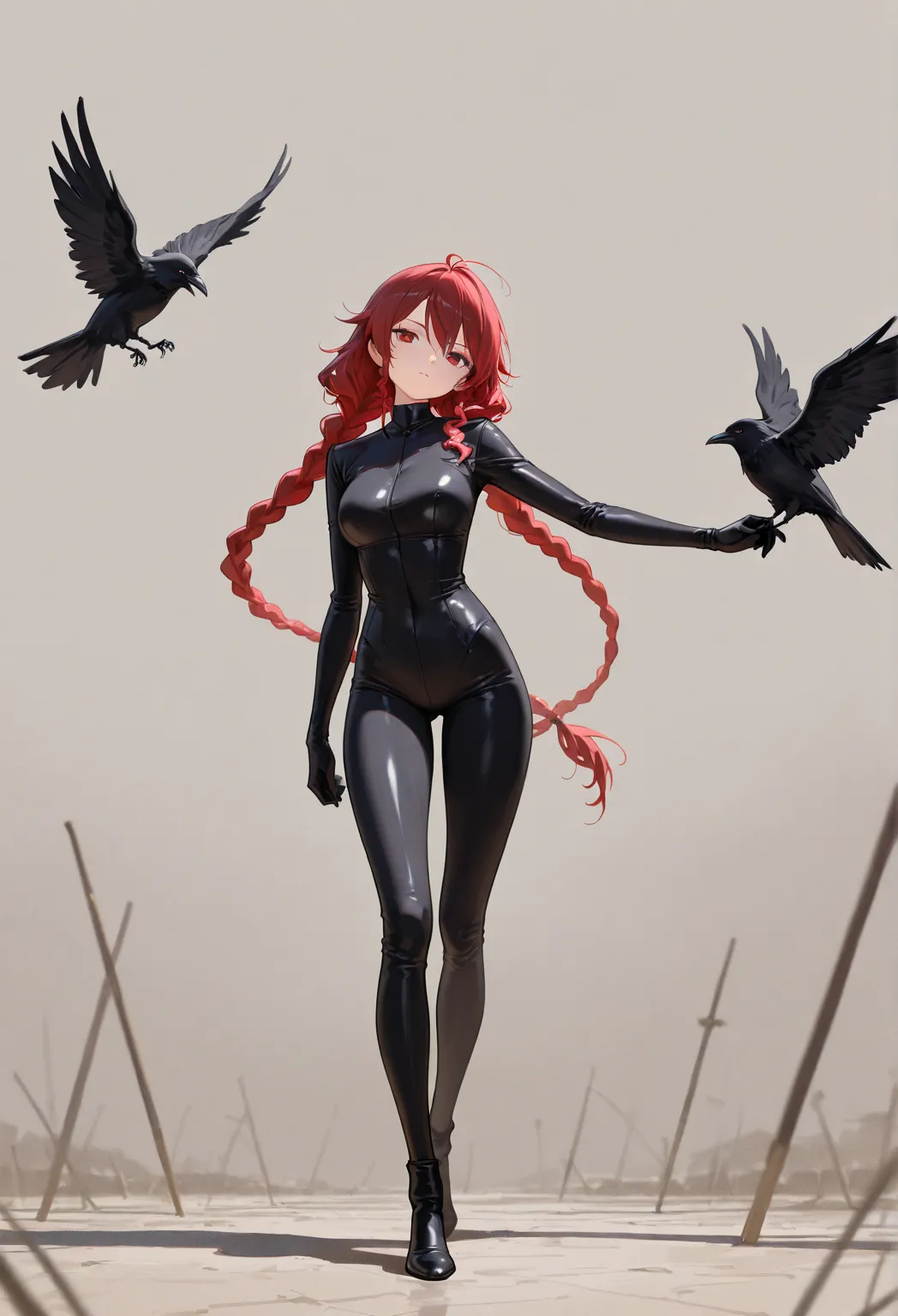  1girl , 0 sensitive, alone,，下身黑色紧身 suit 长裤,  suit ， head tilt , stands，Full body size，Personal-like design， with red hair ，double braid，Extra long hair, A crow，depth of field, Simulated traditional media, Painting, Impressionism, masterpiece, High Score, ...