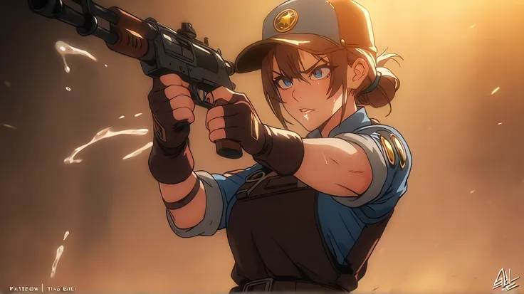 team fortress 2, tf2, femscout, brunete, style anime, effect light, perspective, 4k, dinamic, frame, short hair tail tied, cap, game, halfbody, gun hands, shoot gun