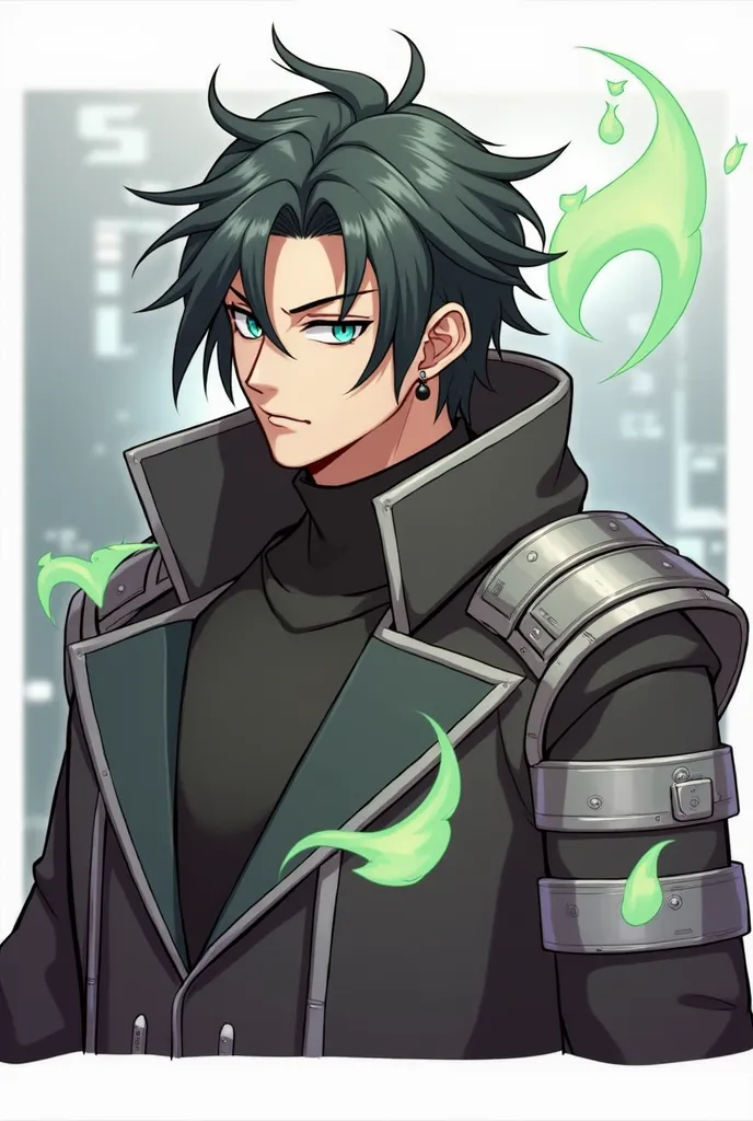 score_9, score_8_up, score_7_up, score_6_up, score_5_up, score_4_up, , 1male , mid 30s, striking and mysterious appearance. He has messy black hair that falls over his face, partially covering his light blue or turquoise eyes. His expression is calm yet sl...