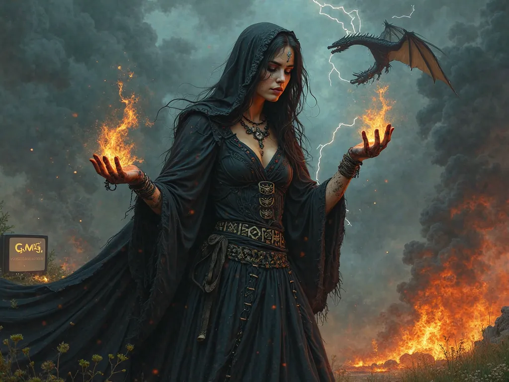 Digital artwork of a Celtic sorceress dressed in old black veils with runes tattooed on her skin, her eyes and lips painted black and her face painted white, and her hands dirty with tar and with fire in one hand and electric rays in the other in a dark, c...