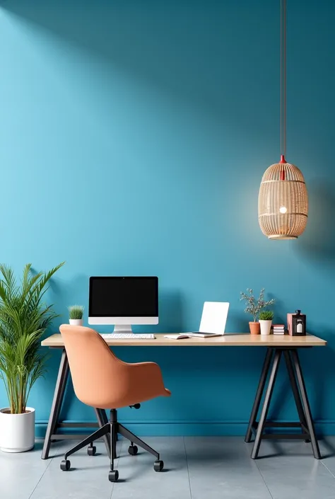 I created a small office with a desk that seats two people who work in a travel agency, use elements from this universe to compose the decoration and use the color blue with another combination for the colors of the environment, The work table should be at...