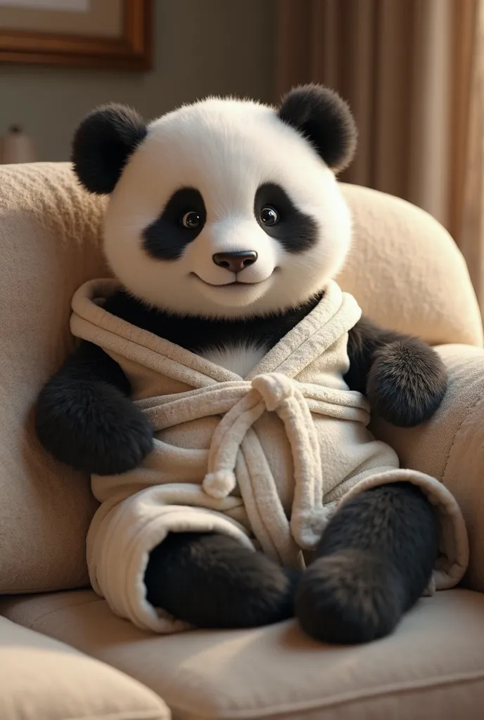 Generate a panda lying on the couch wearing a robe