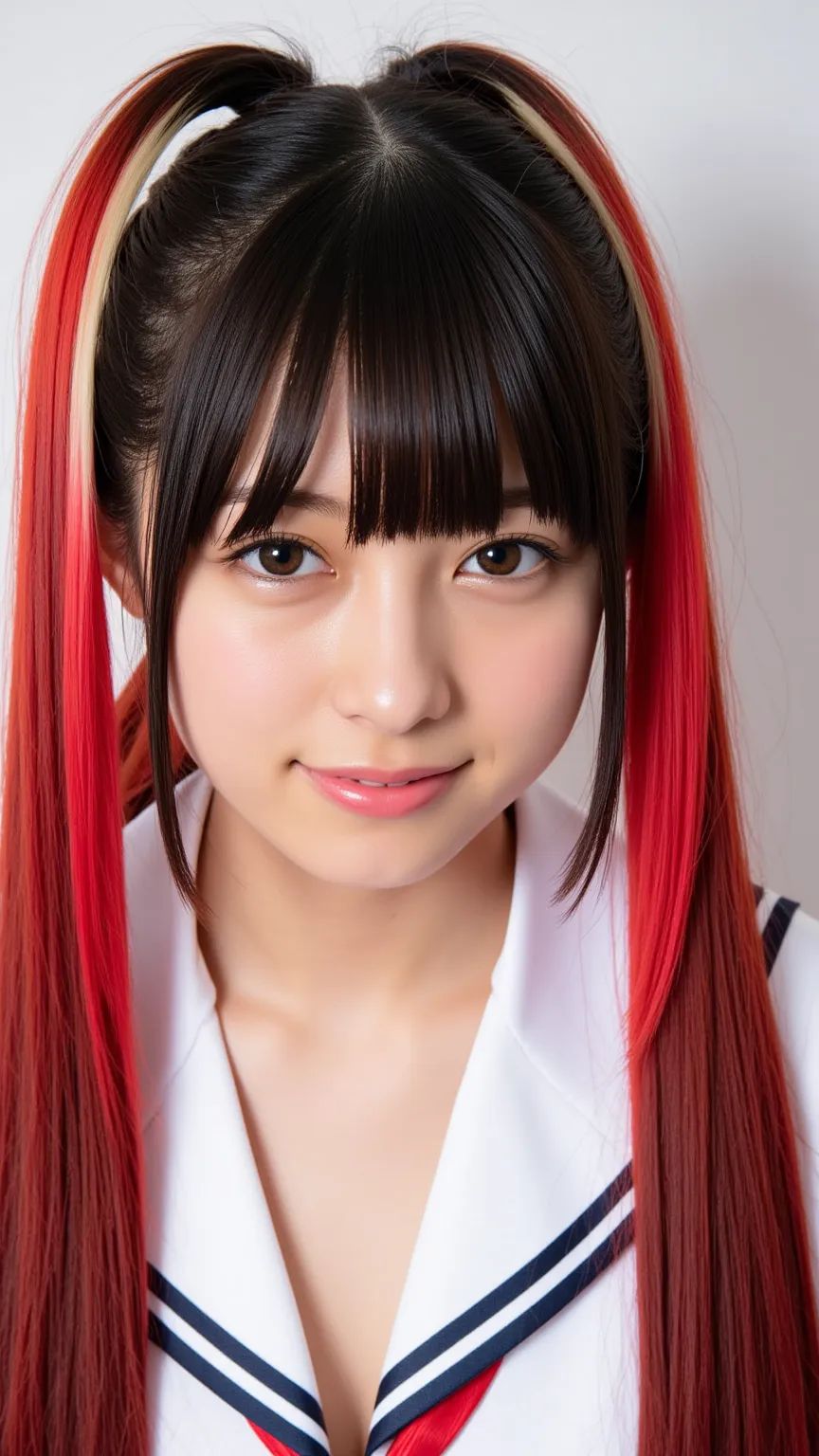 Silky smooth hair、Three hair colors: white blond hair, black hair, and red hair、Flush the bangs、 hairstyle is straight、Long hair up to chest、brown skin、sailor suit、ponytail
