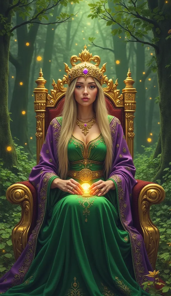 The map is made in fantasy style 

The central element is a magical green forest ,where many fireflies are flying, in the forest there is a golden throne on which a woman in her 30s with long blond straight hair sits ,  on her head there is a golden crown ...