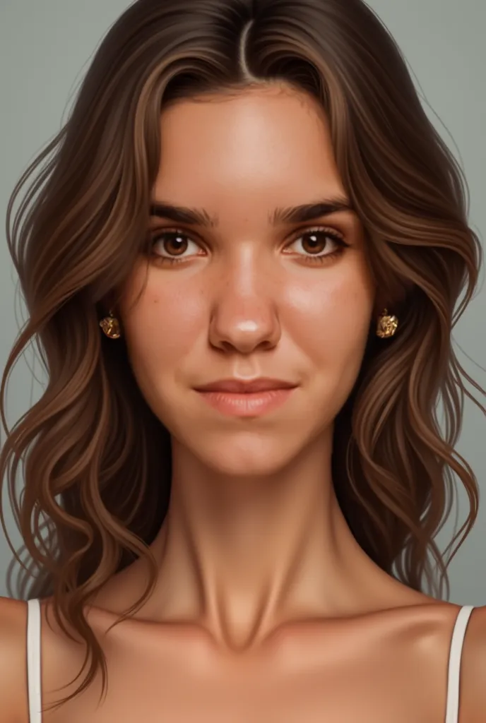 A realistic portrait of a Brazilian woman, 163 cm tall and weighing 70 kg, with a diamond-shaped face but without prominent cheekbones, and light skin. She has deep-set hazel-green eyes with long eyelashes and well-defined eyebrows. Her nose is medium-size...