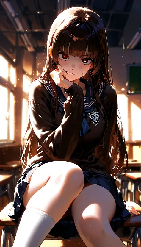 masterpiece, best quality, very aesthetic, absurdres, safe, (masterpiece), best quality, expressive eyes, perfect face, girl in love, dark brown iris, yandere, smirk, crazy eyes, eyes wide open, blunt bangs, black long hair, straight hair, solo, school, mi...