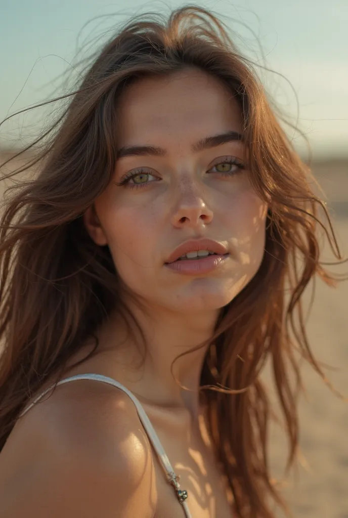 "An artistic, captivating image of a girl with brunette hair, shot from a distance in a natural, album cover style. The photo is taken with a professional camera, featuring soft, natural lighting that enhances the subject’s features. The girl’s expression ...