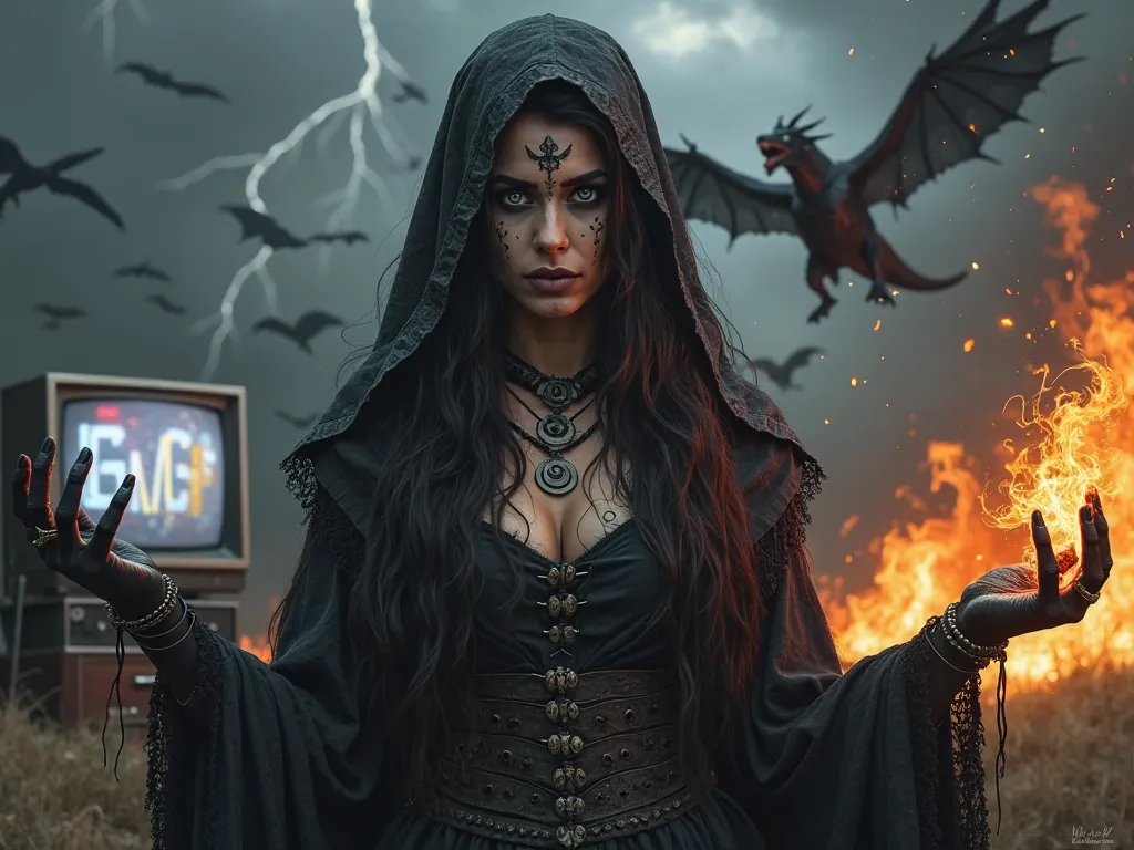 Digital artwork of a Celtic sorceress dressed in old black veils with runes tattooed on her skin, her eyes and lips painted black and her face painted white, and her hands dirty with tar and with fire in one hand and electric rays in the other in a dark, c...