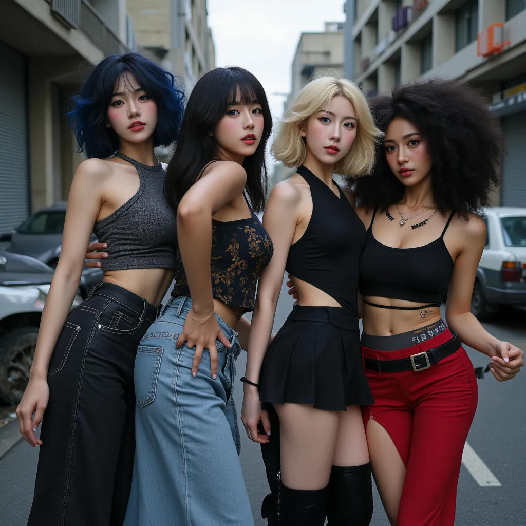 Create a girl group that consists of, A Filipino girl, K-pop girl, her hair curled, with dark blue hair, tanned skin, brown eyes, ugly, very ugly, big eyes, fierce visual, fits Korean beauty standards 40%, unique visual, A Korean girl with blue eye contact...