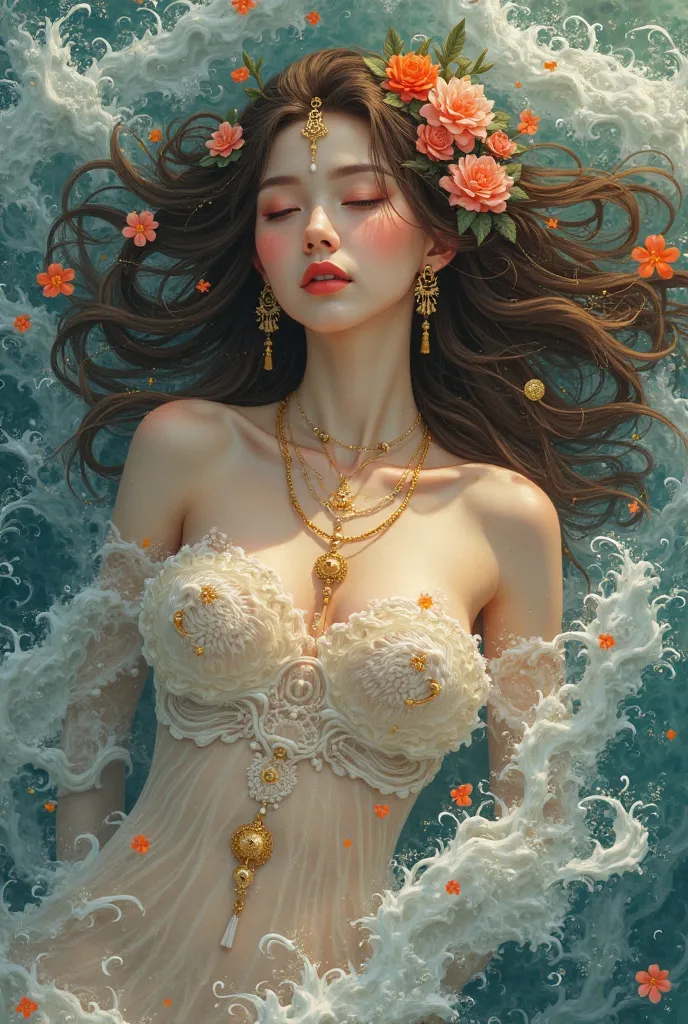 Head to toe, full body, beautiful woman, long flowing brown hair, slim figure, multicolored flowers, gold jewelry, surreal atmosphere, lying in the sea waves, covered with sea waves, fantasy art, intricate details, warm colors, soft light, digital painting...