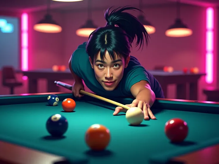 Got it! Here’s your perfect ultra-HD prompt without the name, keeping the player, scattered balls, and 50/50 realistic-cartoon mix balanced while maintaining a normal, confident smile.


---

Ultra-HD 8-Ball Pool Scene – Player in Action (No Name on Table)...