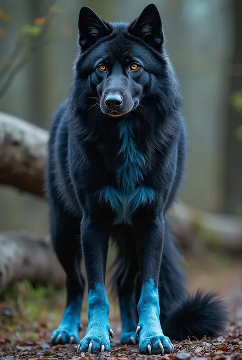 Black wolf with baby blue tail, paws, chest, high Resolution, brown eyes 