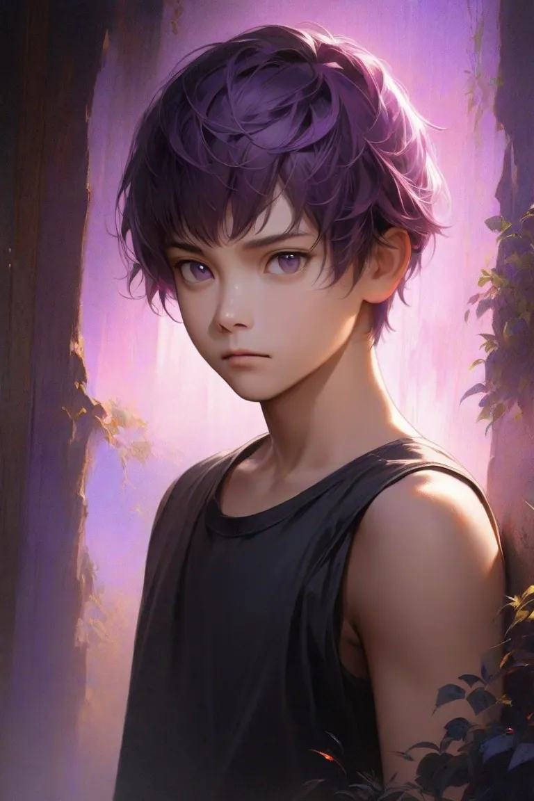  boy, purple hair with bangs,  dark purple eyes , black sleeveless t-shirt, white t-shirt, I frown