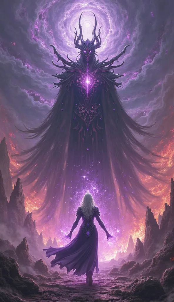 "In a realm where reality twists and folds upon itself, Clea and Dormammu stand as opposing forces of mystical power, their battle shaking the very foundations of the Dark Dimension. The sky above them churns with chaotic energy — swirling with violet stor...