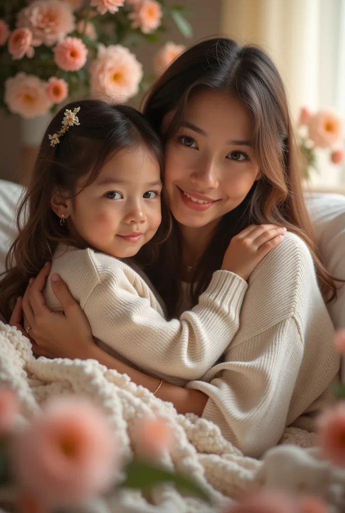 Creating a mother and daughter photo, cozy background with flowers 