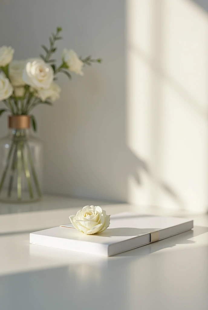 Create a photograph of an office environment with a table and on it a small white card. On this card will be a white rosebud .