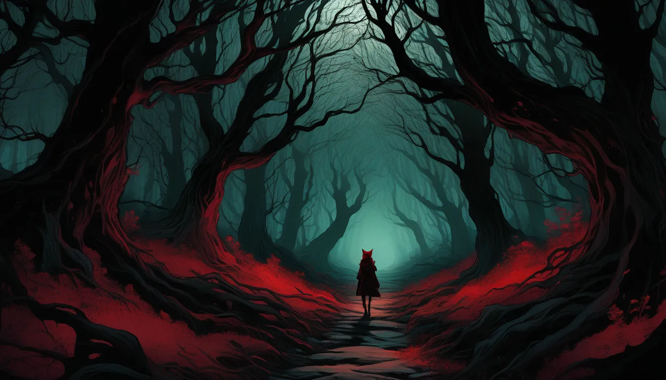 "A narrow, eerie path winding through a dark, twisted forest at night. The path is barely visible, surrounded by dense trees with gnarled branches that stretch toward the sky, creating a canopy that blocks most of the moonlight. The atmosphere is heavy wit...