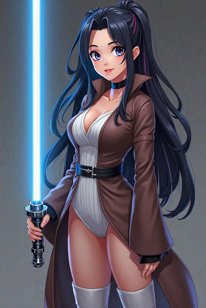 Create an image of a dominatrix anime with black hair and pink and blue streaks, similar to harley Quinn’s hair but in black and long. Dress her up like a Star Wars Jedi with a brown robe and white knee high boots, holding a blue light saber and give her b...