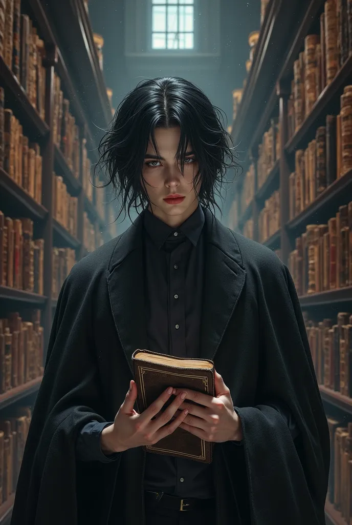 icon, androgenic male character, DarkAcademia style with medium black hair and white highlights, holding a book in your hands,  with a background library 