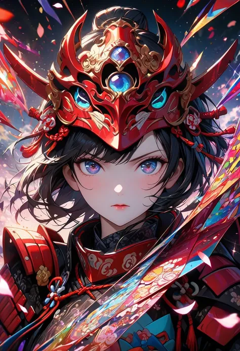 ((Woman, Samurai, Japanese Armor, Red Armor with Black Pattern, Serious Face))), ((Absurd Dress, High Resolution, Ultra HD, (One Girl:1.3),Mask, Kaleidoscope-like Visuals, Symmetrical Patterns, Vibrant Colors, Geometric Shapes, Mesmerizing Design, Optical ...