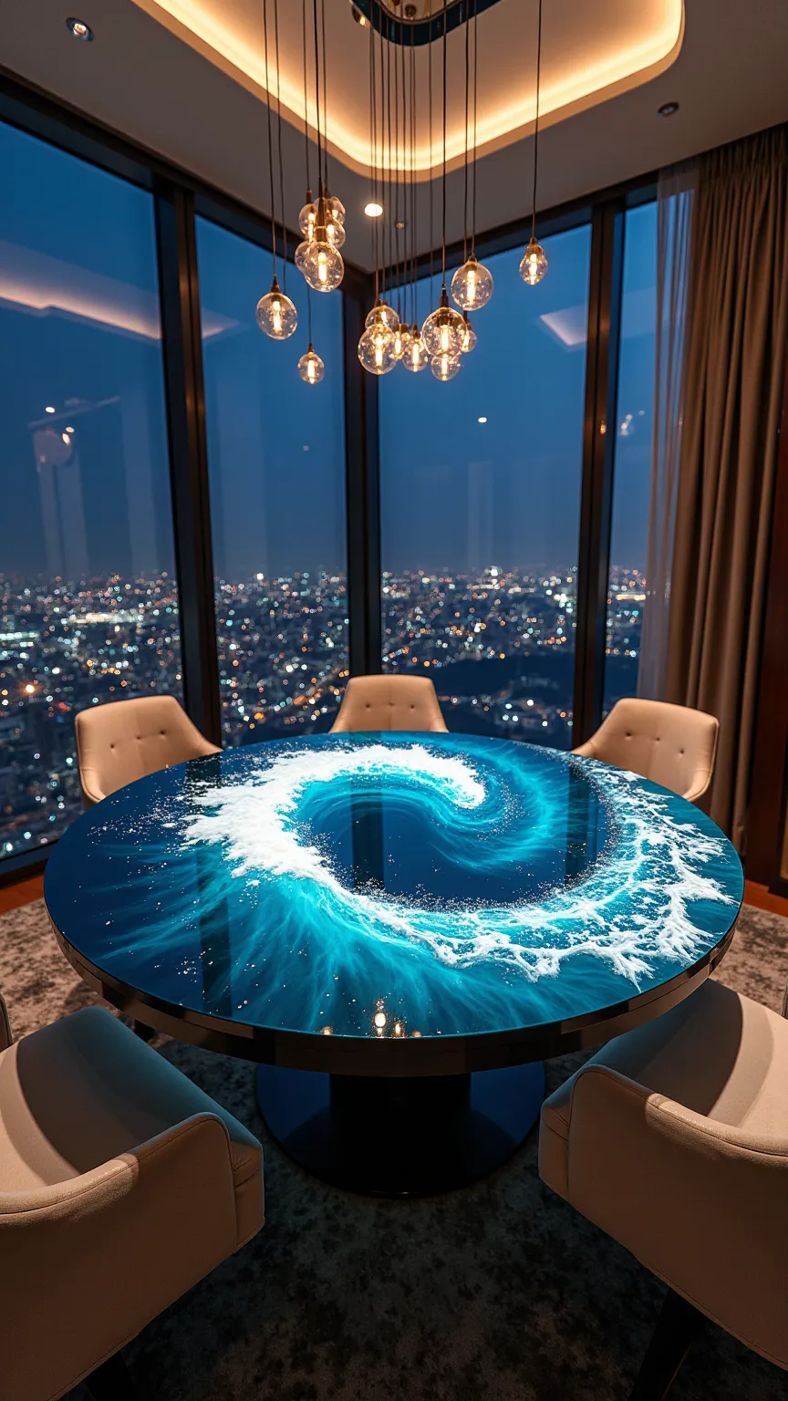 Design a luxurious dining room in a high-rise apartment with a breathtaking city skyline view at night. The centerpiece is a large round dining table featuring an intricate epoxy resin design that mimics a deep blue ocean vortex, complete with swirling cur...