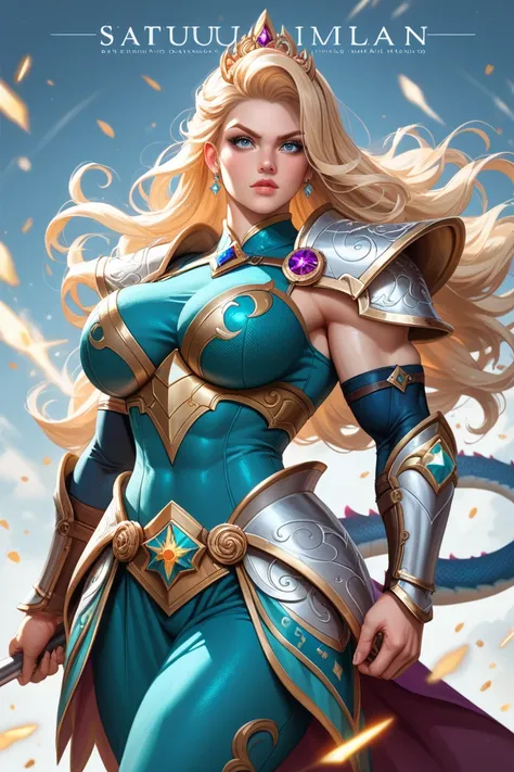 Paladin Woman, Dragongirl, human face,  (Huge breasts: 2.5), (Gigantic Muscles: 2.7), massive Biceps, Long blonde hair, (blue scales: 1.0), claws, light blue eyes, tail, silver platemail armor