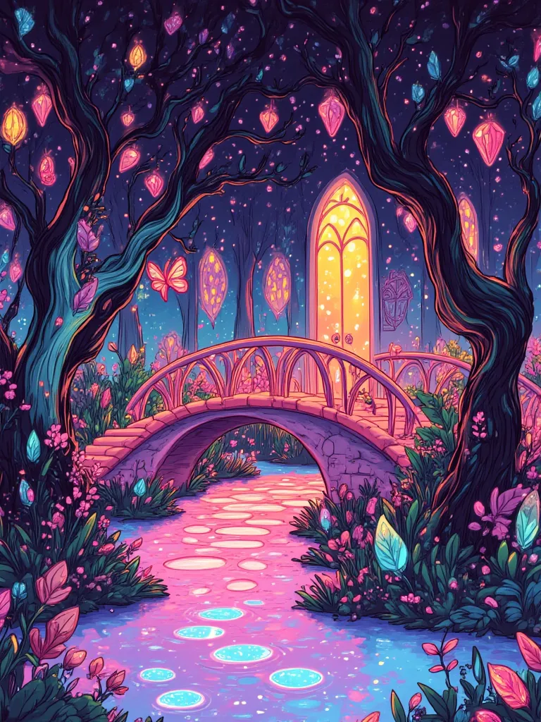 A fairy tale bridge made of glowing vines and crystals, spanning over a sparkling enchanted river, with floating butterflies and luminous plants, high detail. The colors are vibrant yet balanced, with soft highlights accentuating the magical glow.

