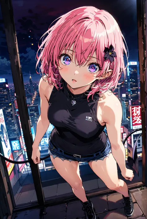 モモデbuildingケ, モモ・デbuildingーク, demon Tail,  Hair Flower, hair ornaments close to the garden, purple eyes, pink hair,  short hair, Medium breast,胸の谷間,Tail,riders jacket,tank top outside of anime,belly button sticking,Bare legs,denim micro shorts,shoes, Short...