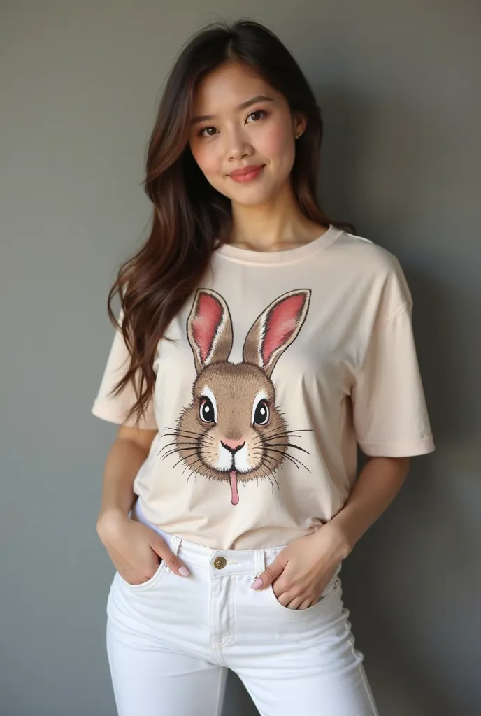 a cute woman from thailand with   sexy rabbit  shirt  .  whole body .  realistic beautiful girl.factory .her face like reference picture. legs appear.   masterpiece.pretty. 18 year old.  Big tits. good curve.be slightly fat.  white jean  pant.  