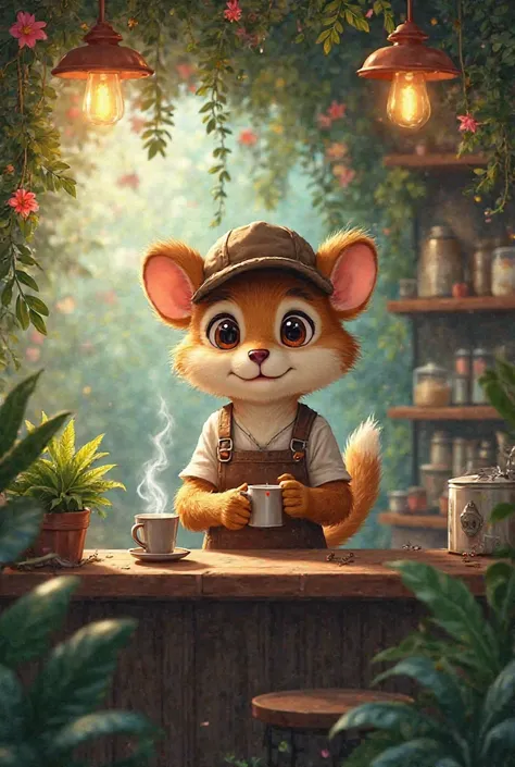 A cute curry furry creature as a barista making a coffee in a jungle themed cafe. 