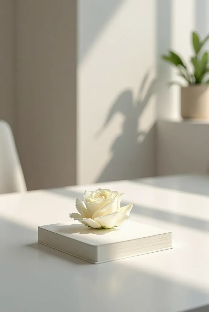 Create a photograph of an office environment with a table and on it a small white card. On this card will be a white rosebud .