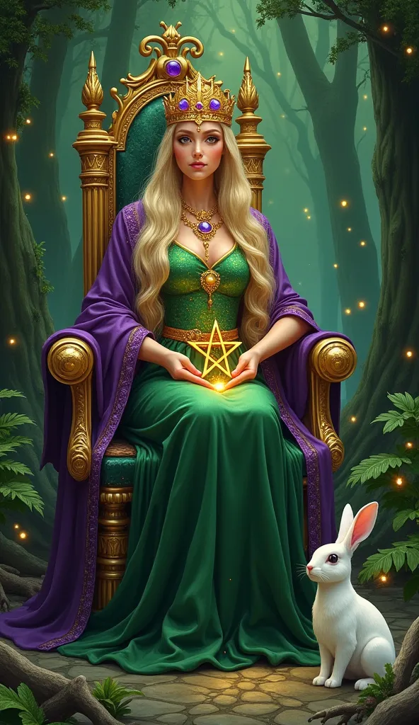 The map is made in fantasy style 

The central element is a magical green forest ,where many fireflies are flying, in the forest there is a golden throne on which a woman in her 30s with long blond straight hair sits ,  on her head there is a golden crown ...