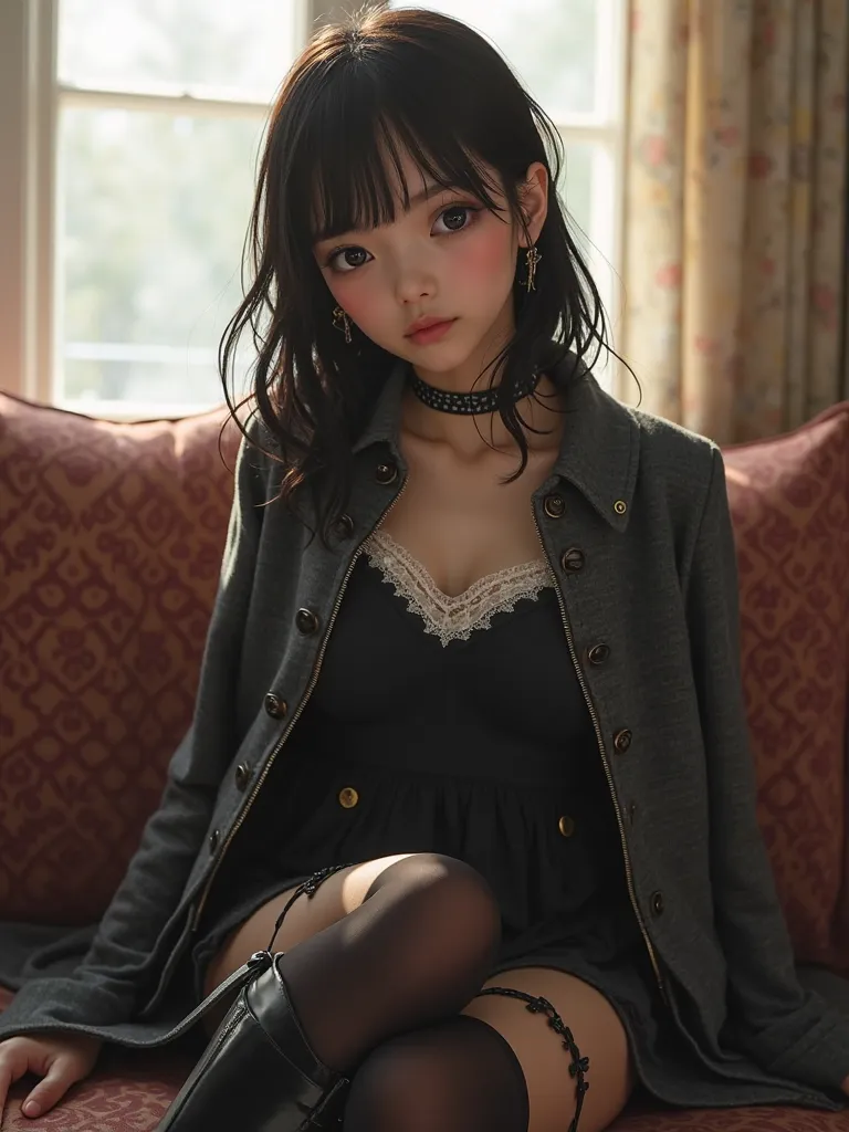 high detail skinny young asian girl posing on a sofa. She has tidy black neck length hair, narrow face, round eyes. She is wearing a dark grey cape coat, black dress with white lace decoration, tights, riding boots that goes to under her knees. sunlight sh...