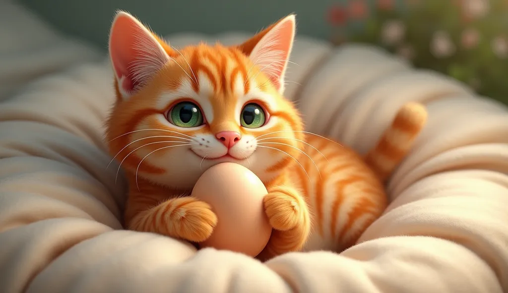 An orange tabby cat with green eyes is in bed and hen egg in her paws on her chest with smiling face